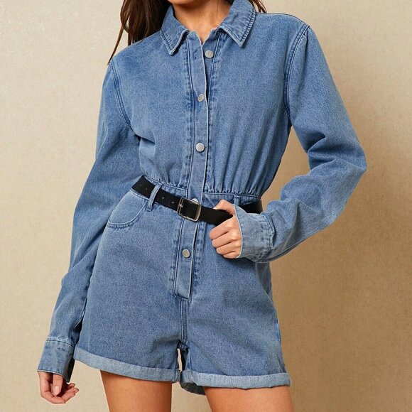 Light Wash Casual Women's Long Sleeve Denim Jumpsuit - Picture 4 of 7